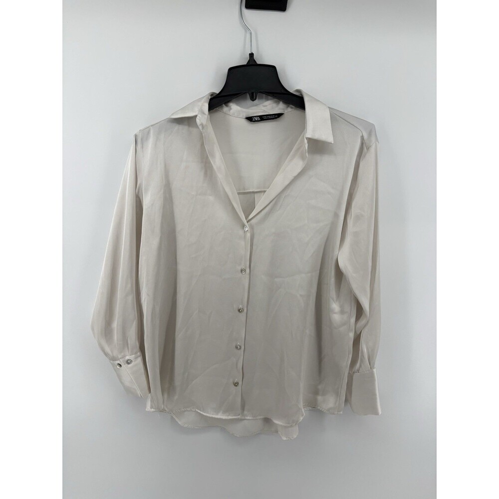 Zara Women White Collared Button-Up Blouse Long Sleeve Basic Size Medium